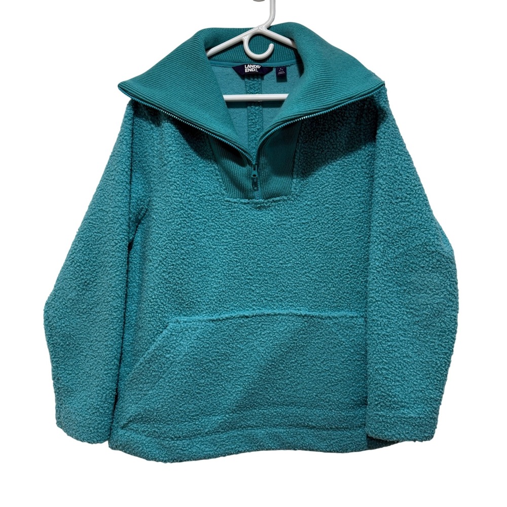 Lands End Women Teddy Sherpa Pullover 3/4 Zip Mock Neck Turquoise Blue‎ L Large